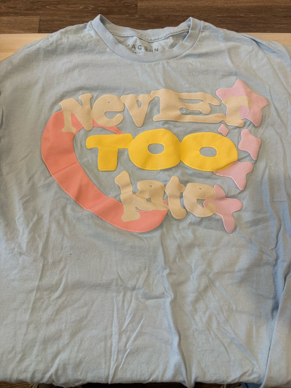 PacSun Graphic Tee with Yellow & Pink Logo on Light Blue